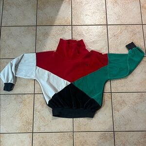 Vintage Oscar de la Renta Red Black White Green Mock Neck Velour Pullover, Small